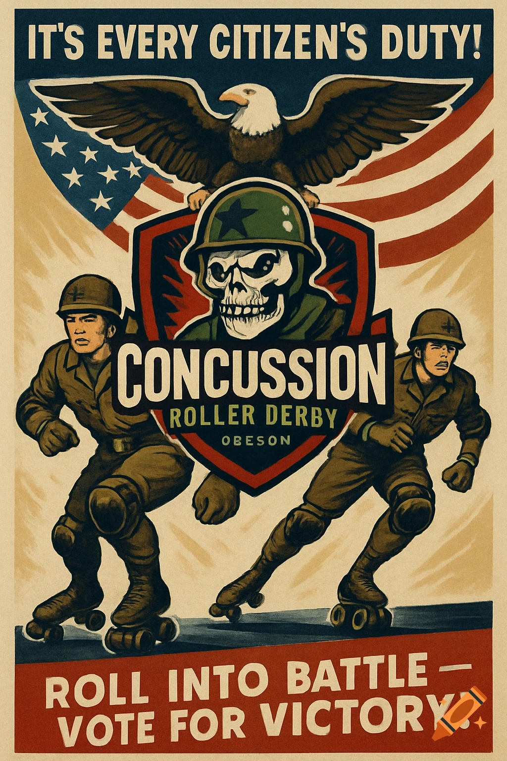 Vintage propaganda poster with soldiers on roller skates, a bald eagle, and US flag, promoting civic duty and voting.