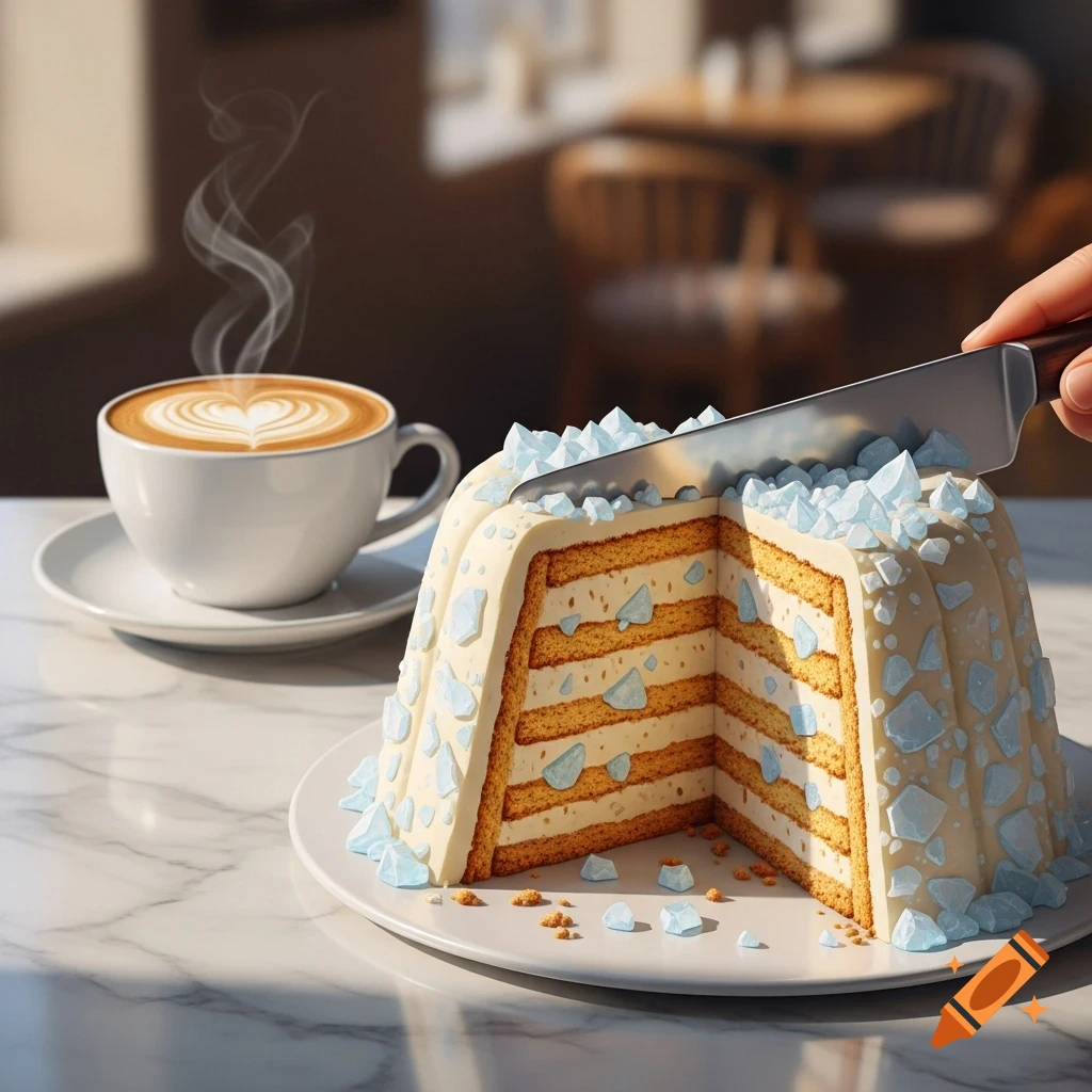 A hand slices into a layered vanilla cake decorated with pale blue rock candy-like pieces, next to a steaming cup of coffee with heart latte art on a marble table.