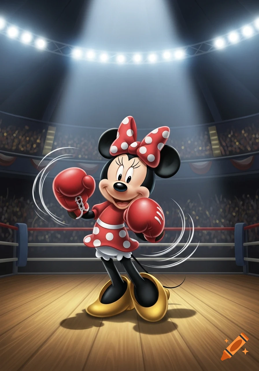 Minnie Mouse wearing red boxing gloves and a red polka-dot dress, standing in a boxing ring under bright spotlights.