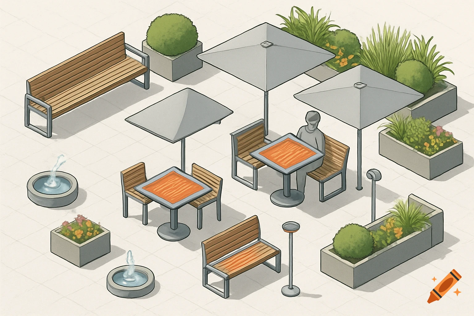 Isometric diagram of a public plaza with benches, tables, umbrellas, planters with greenery, and water fountains.