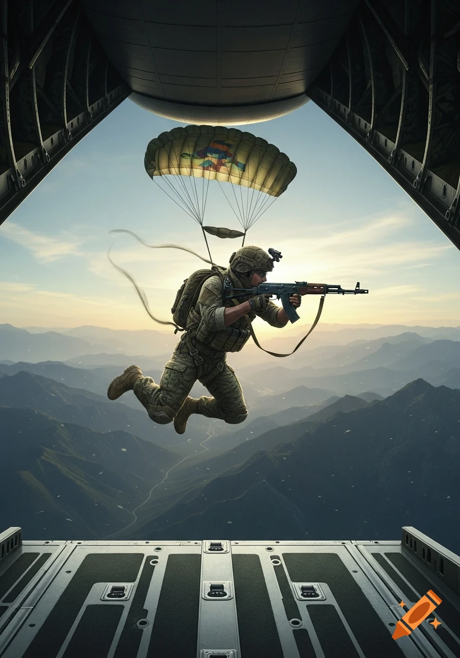 An elite soldier in military gear with an AK-47 jumps from a transport plane with a parachute over mountains at sunset, photorealistic.