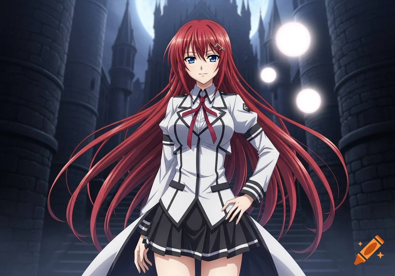Anime girl with long red hair and blue eyes in a white and black school uniform, standing before a gothic castle under a full moon with glowing orbs.