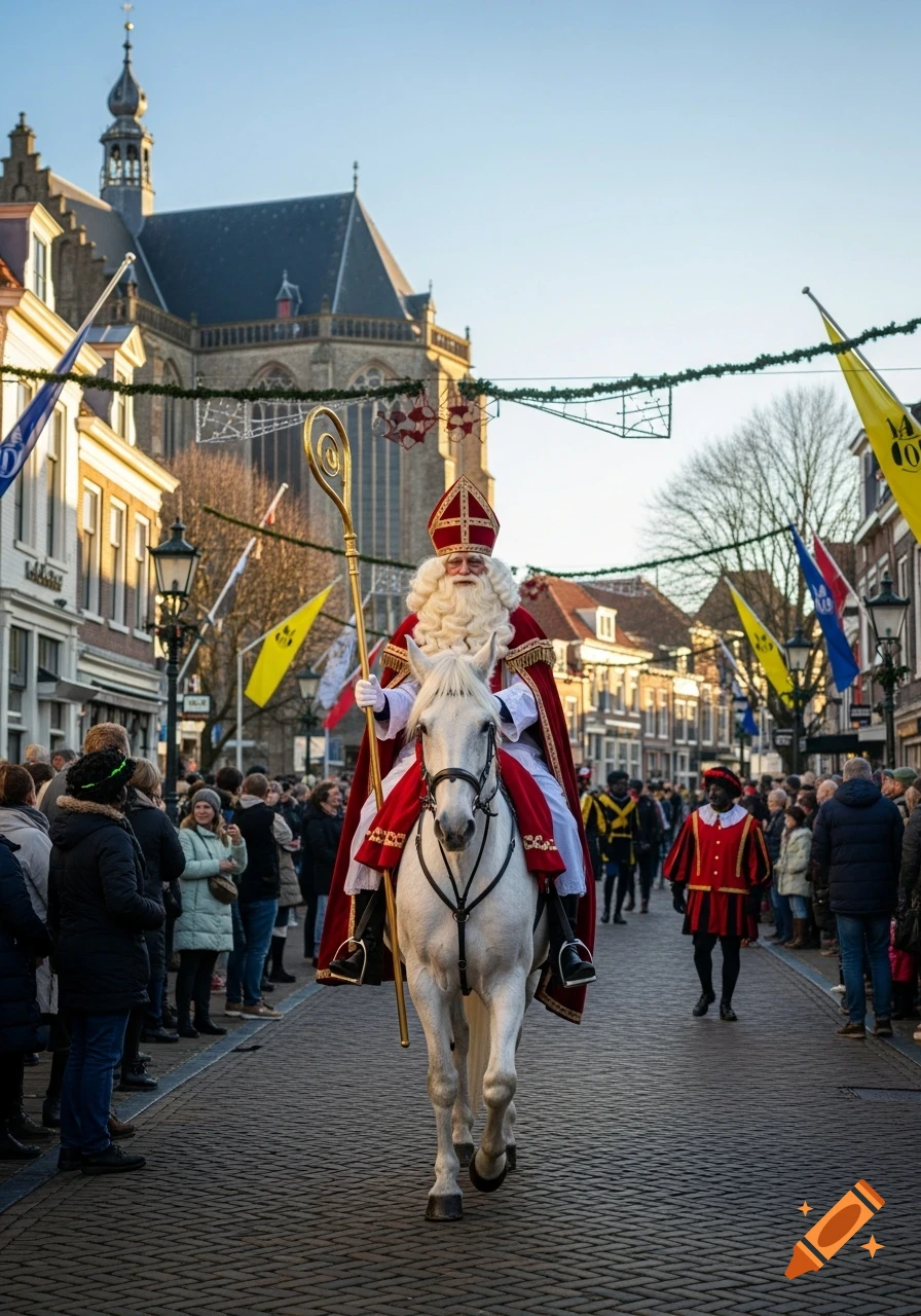 Sinterklaas on a white horse leads a parade down a cobblestone street, lined with spectators and historic buildings, under a blue sky.