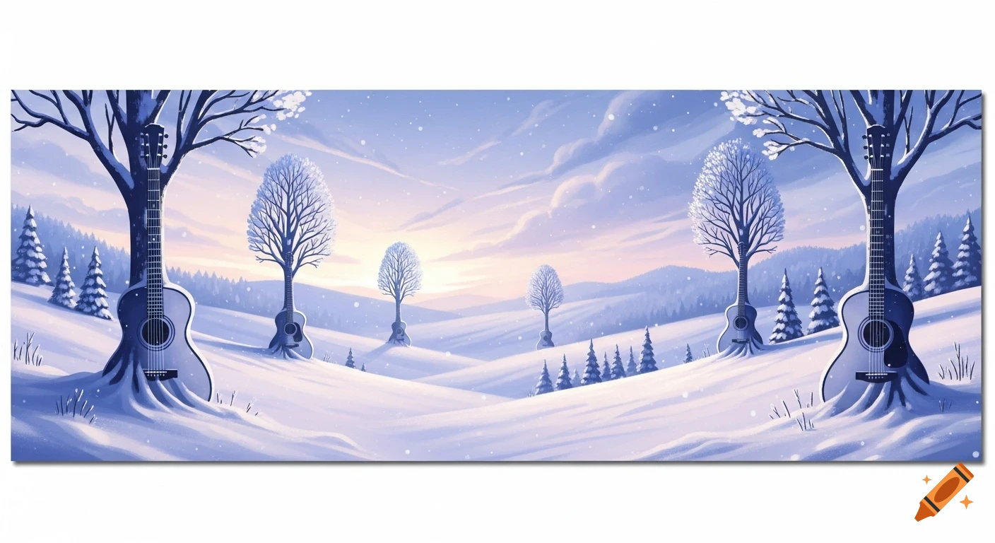 Panoramic winter landscape with snow-covered hills and trees shaped like acoustic guitars under a pastel sky.