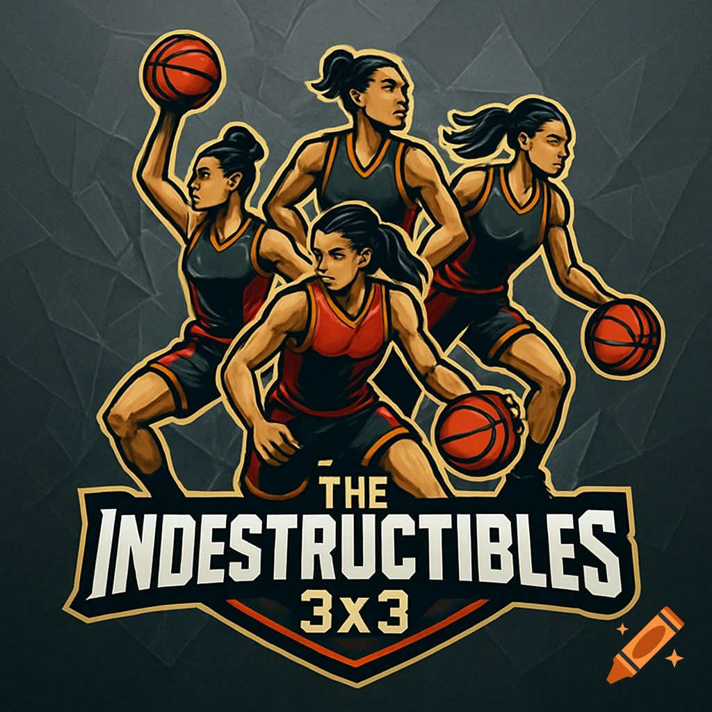 Stylized logo featuring four female basketball players in red and black uniforms, with text 'THE INDESTRUCTIBLES 3x3'.