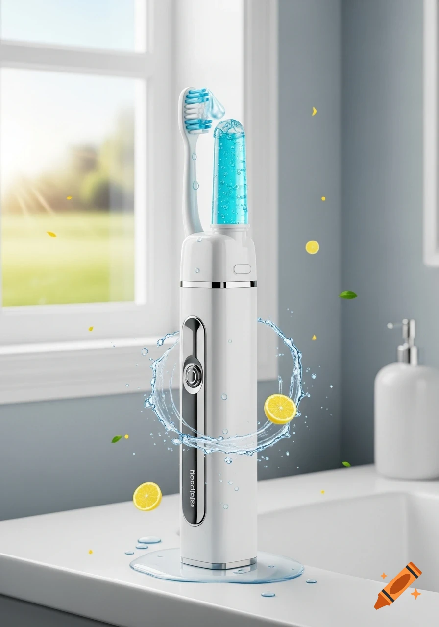 A white and silver electric toothbrush with a blue liquid reservoir stands on a bathroom sink with water splashes and lemon slices around it. A window shows a sunny outdoor scene in the background.