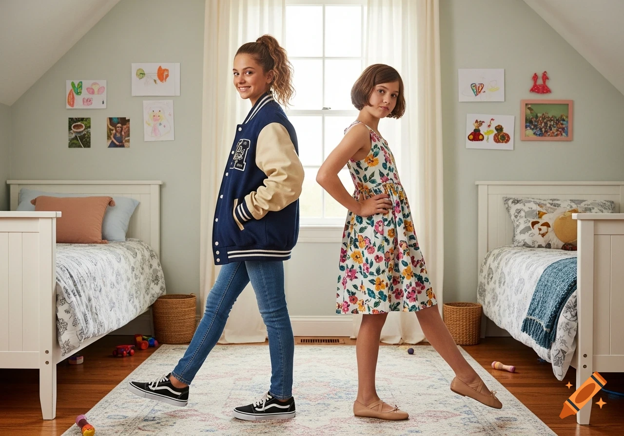 Two young girls in a brightly lit bedroom, one in a varsity jacket and jeans, the other in a floral dress, standing back-to-back, smiling.