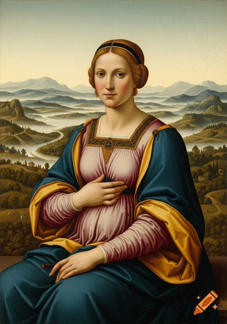 A Renaissance oil painting portrait of a woman in elaborate blue and gold garments, sitting before a misty mountain landscape.