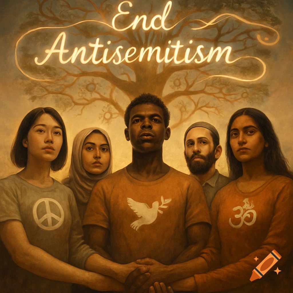 Five diverse people stand united, holding hands, under a tree with glowing text "End Antisemitism". They wear symbols of peace and spirituality.