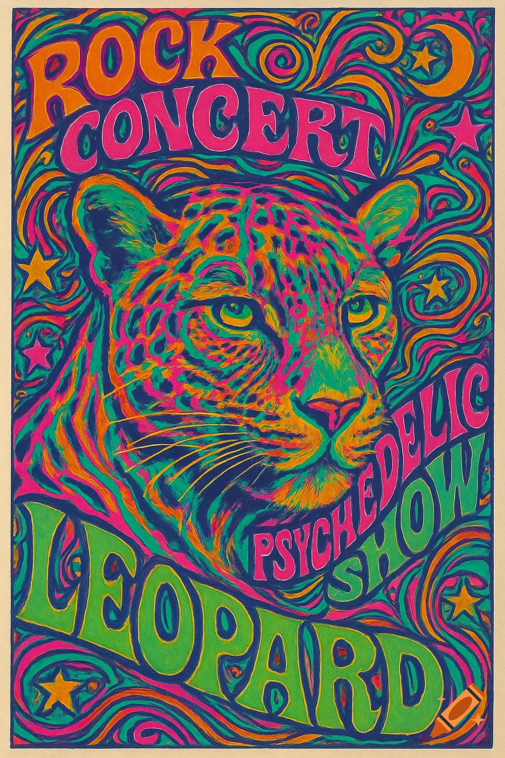 Vibrant psychedelic 70s rock concert poster with a colorful leopard head amidst swirling patterns and text.