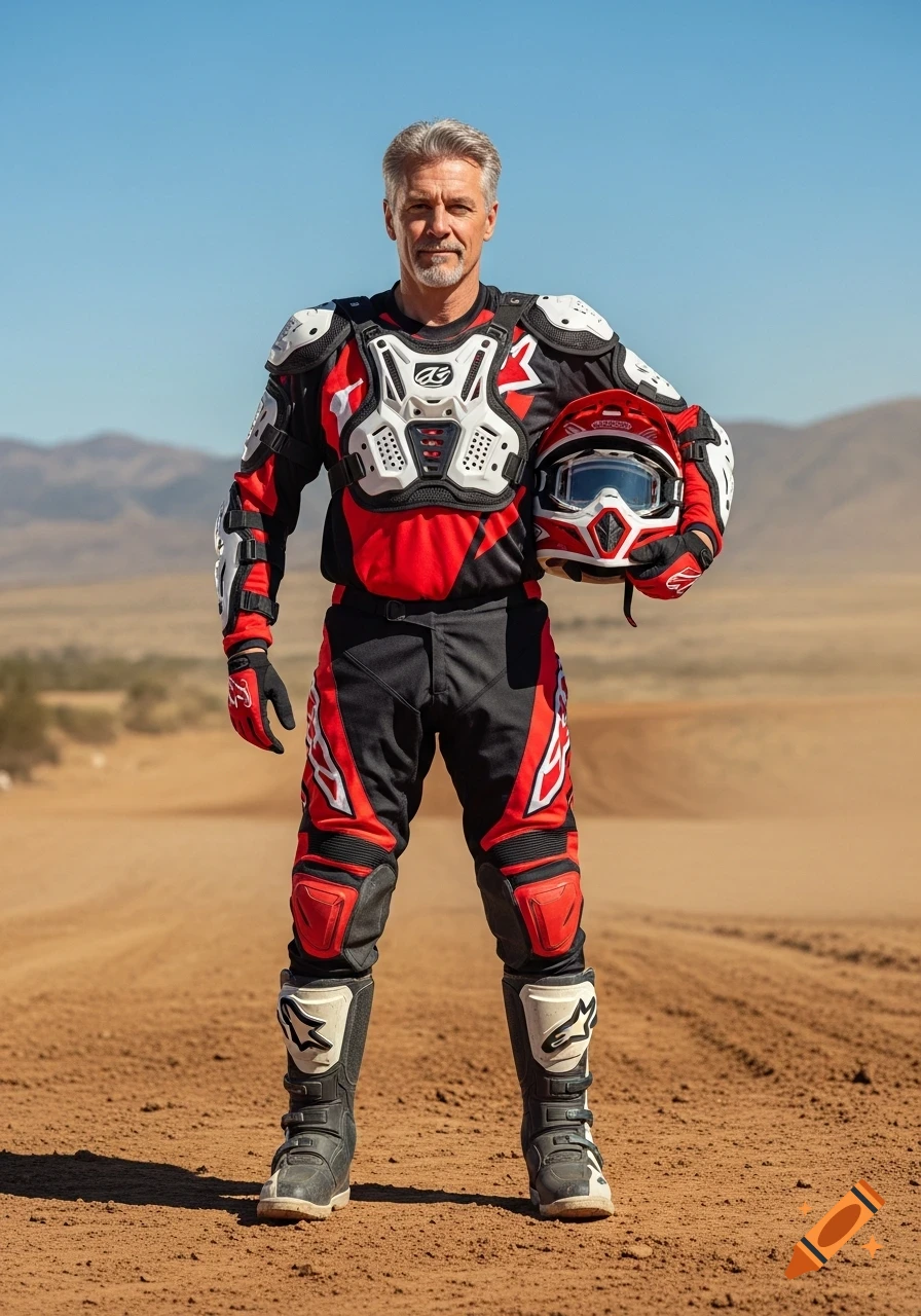A middle-aged man in red, black, and white motocross gear stands in a desert landscape, holding a matching helmet with goggles.
