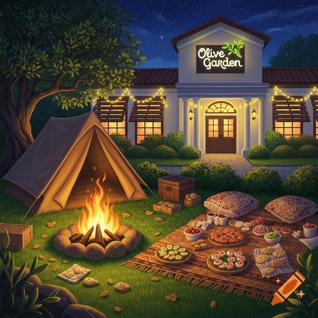 An illustrated night scene of a campsite with a tent, campfire, and picnic blanket in front of an Olive Garden restaurant.