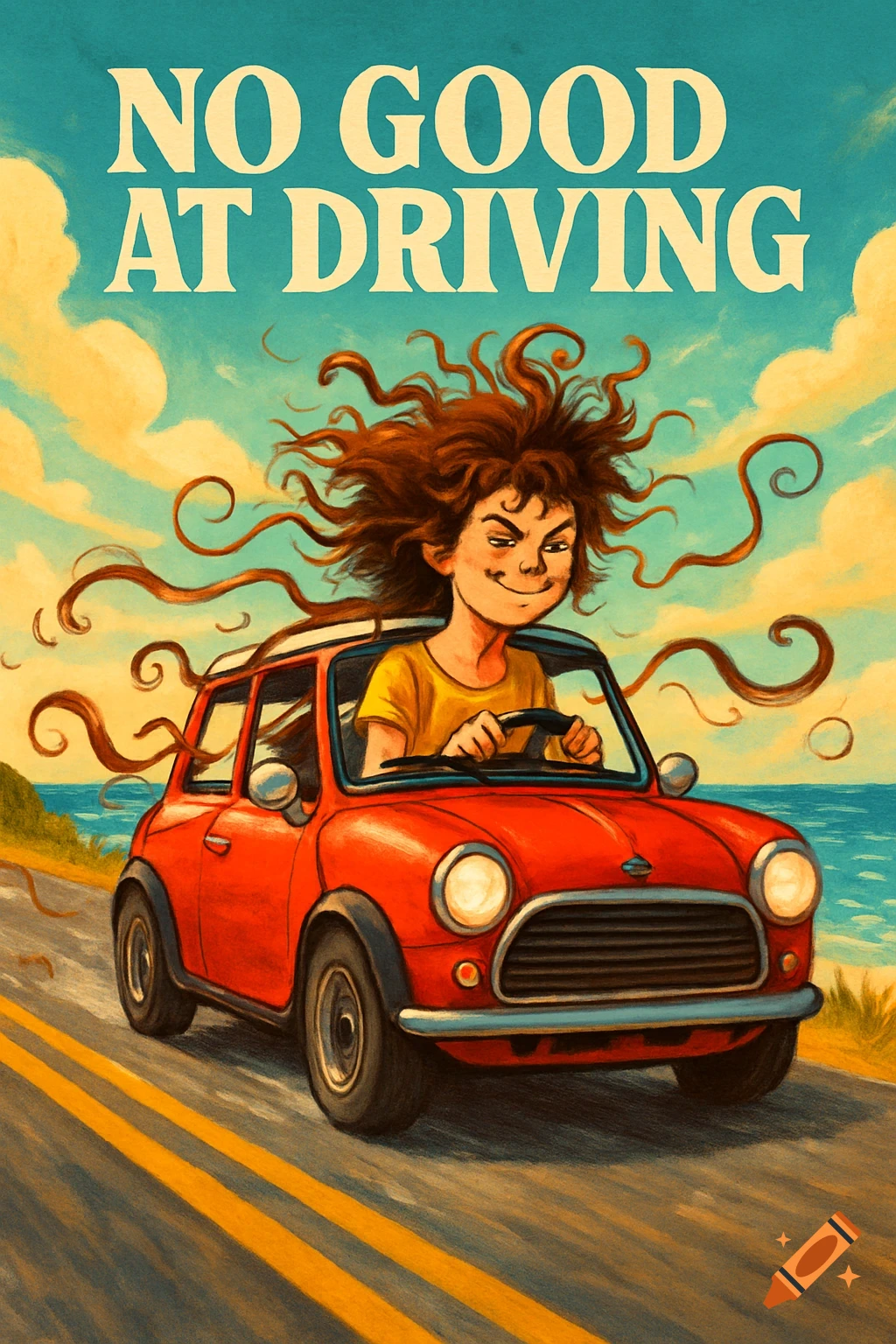 Cartoon illustration of a girl with wild, messy hair driving a red Mini Cooper along a coastal road under a vibrant sky, with 'NO GOOD AT DRIVING' text above.