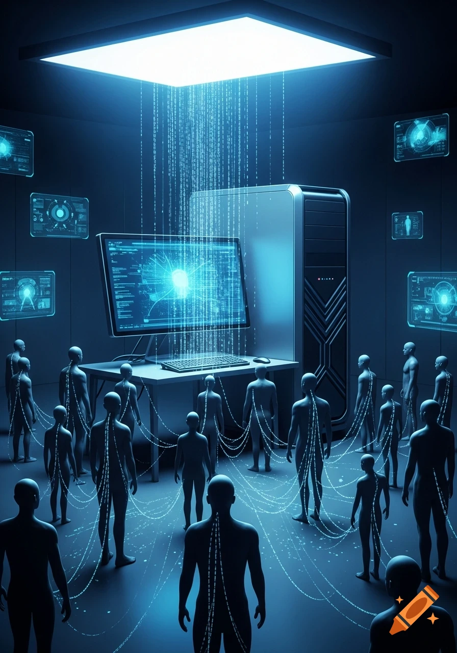 A futuristic scene showing humanoid figures connected by glowing data streams to a central computer system, with screens displaying data.