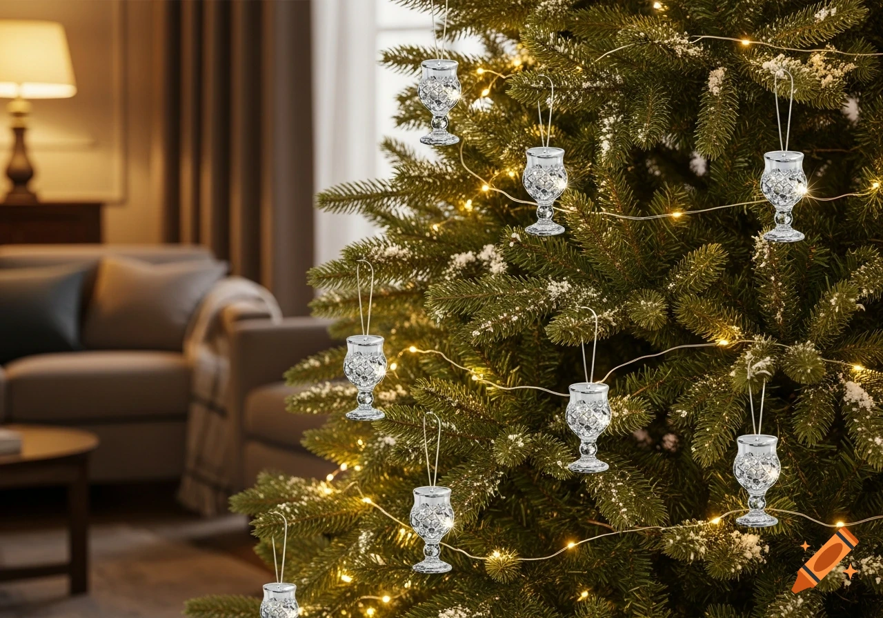 A festive Christmas tree adorned with clear liquor cup ornaments and warm string lights, set in a cozy, blurred living room background.
