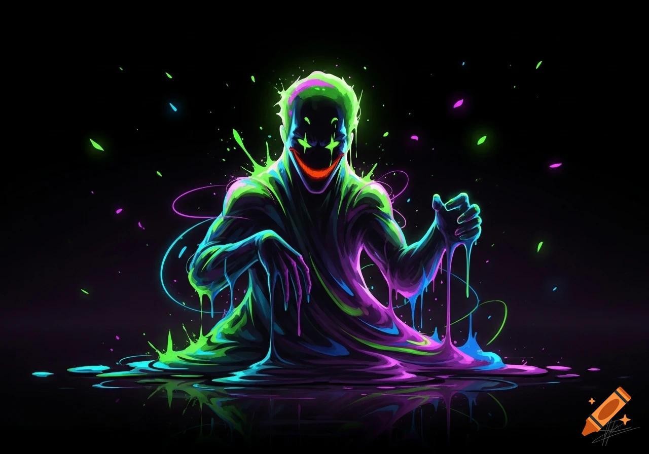 A neon green and purple slime humanoid, resembling the Joker, emerges from a puddle of goo with glowing eyes and a grin on a black background.