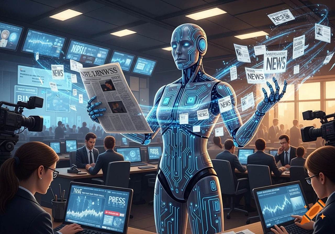 A humanoid robot with glowing circuits holds a newspaper in a busy newsroom, surrounded by screens and floating news articles, symbolizing AI in journalism.