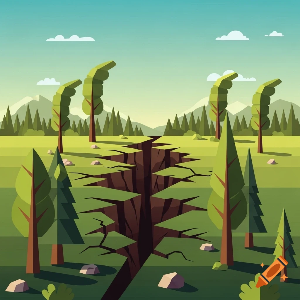 Flat design illustration of a deep earthquake crack through a green wilderness with trees and mountains.