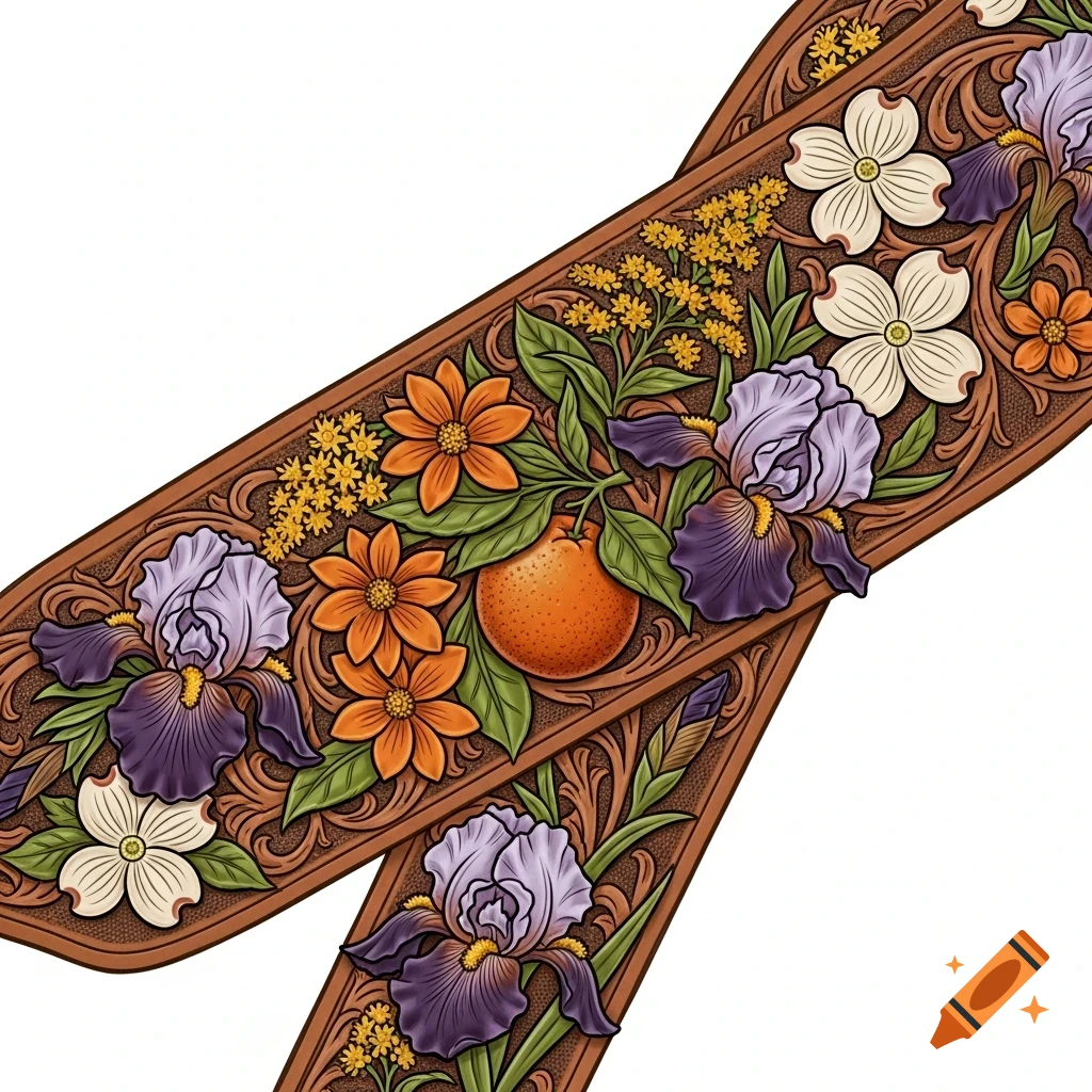 Intricate brown leather tooling pattern featuring purple iris, orange blossoms, cream dogwood, yellow goldenrod flowers, and an orange.
