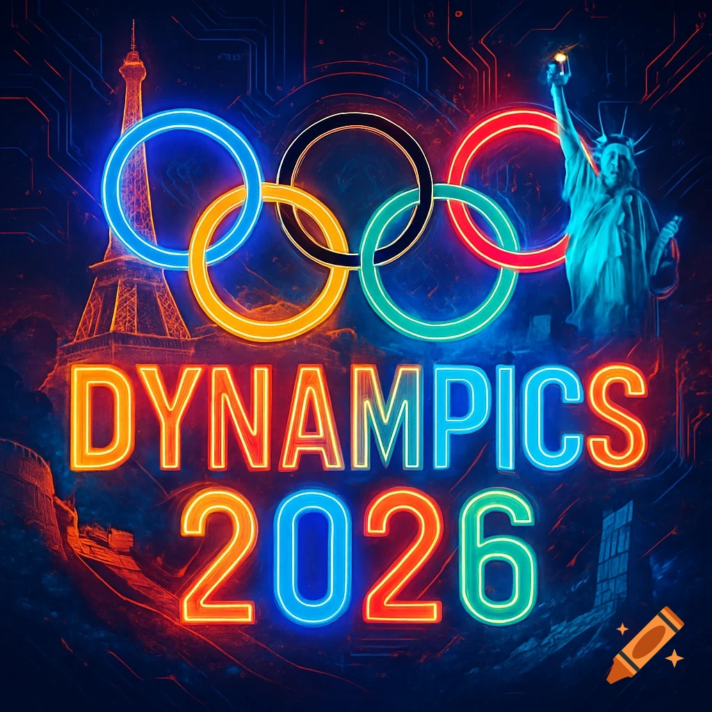 Neon Olympic rings over the Eiffel Tower and Statue of Liberty with text 'DYNAMPICS 2026' on a circuit board background.