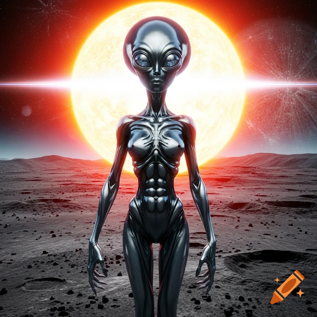 A grey metallic alien stands on a cratered moon surface under a huge glowing orange sun and a distant galaxy, photorealistic style.