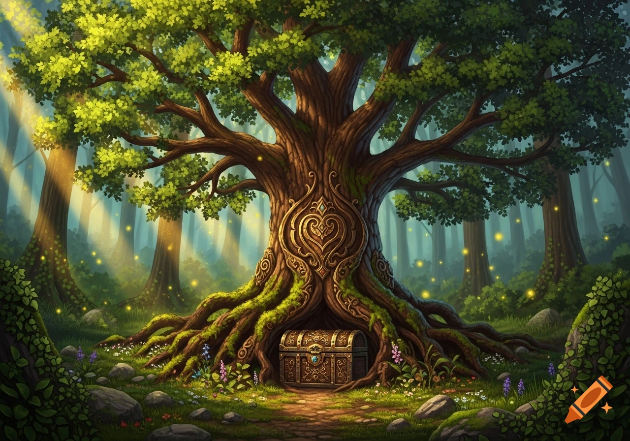 An ancient, gnarled tree with ornate carvings and mossy roots reveals a treasure chest in a sunlit, mystical forest with glowing motes.