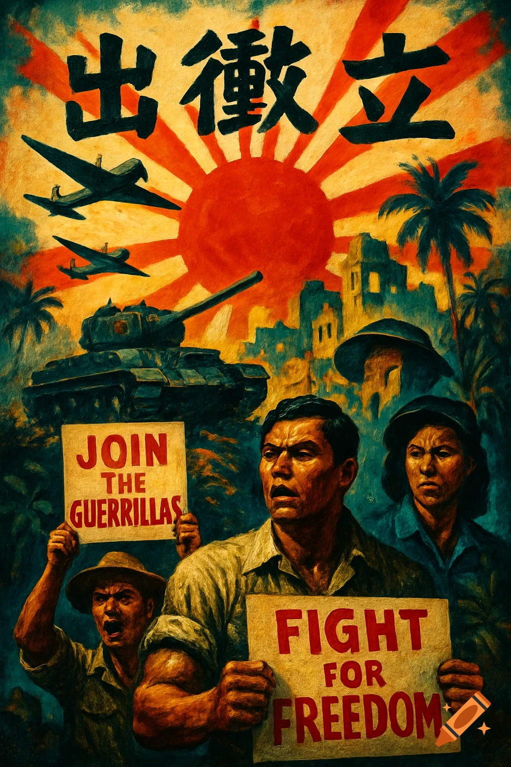 A vintage-style propaganda poster features angry people holding signs that read 'JOIN THE GUERRILLAS' and 'FIGHT FOR FREEDOM' against a backdrop of warplanes, a tank, and the Japanese Rising Sun flag, with Japanese text at the top.