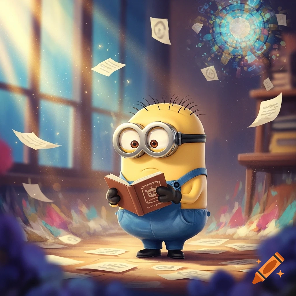 A Minion in blue overalls with goggles intently reads a brown book as stylized papers float around a sunlit, magical room.