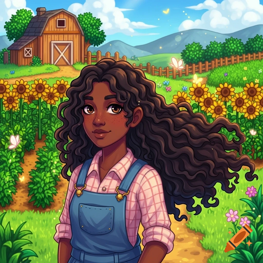 A Stardew Valley style cartoon Black girl in overalls stands in a sunflower field with a barn and mountains.