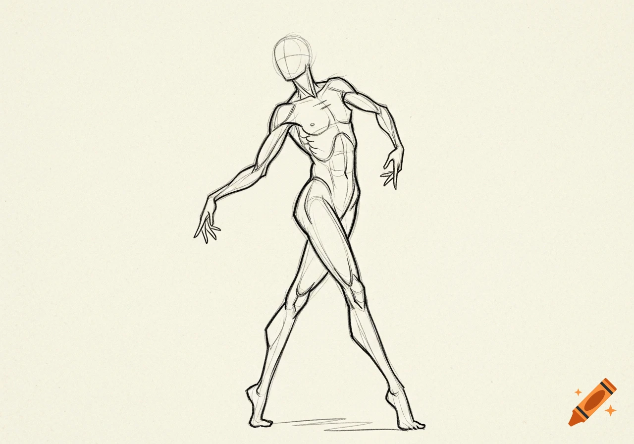 A minimalist line art sketch of an athletic human figure in a dynamic pose against a light background.