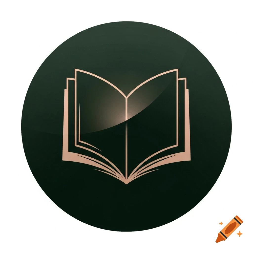 Minimalist dark green circular icon with an open book in tan outlines and moody shading.