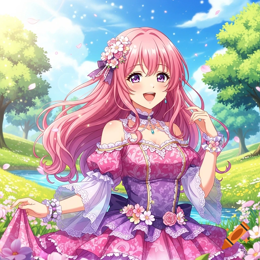 Smiling anime girl with long pink hair in an elaborate pink and purple dress in a lush fantasy landscape under a blue sky.