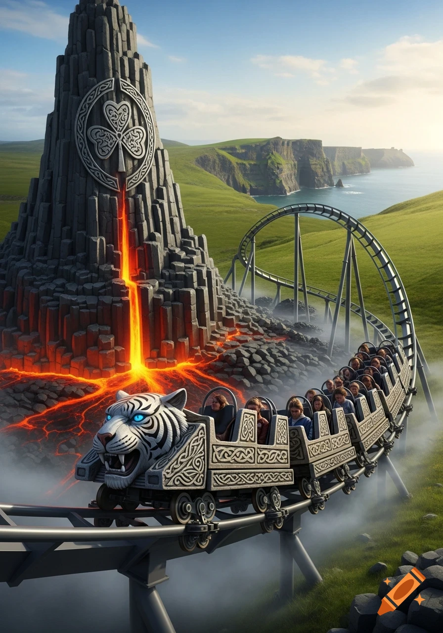 A white tiger-themed roller coaster train travels on tracks around a columnar basalt mountain flowing with lava, adorned with a Celtic shamrock symbol. Green hills and distant cliffs overlook the sea under a bright sky.
