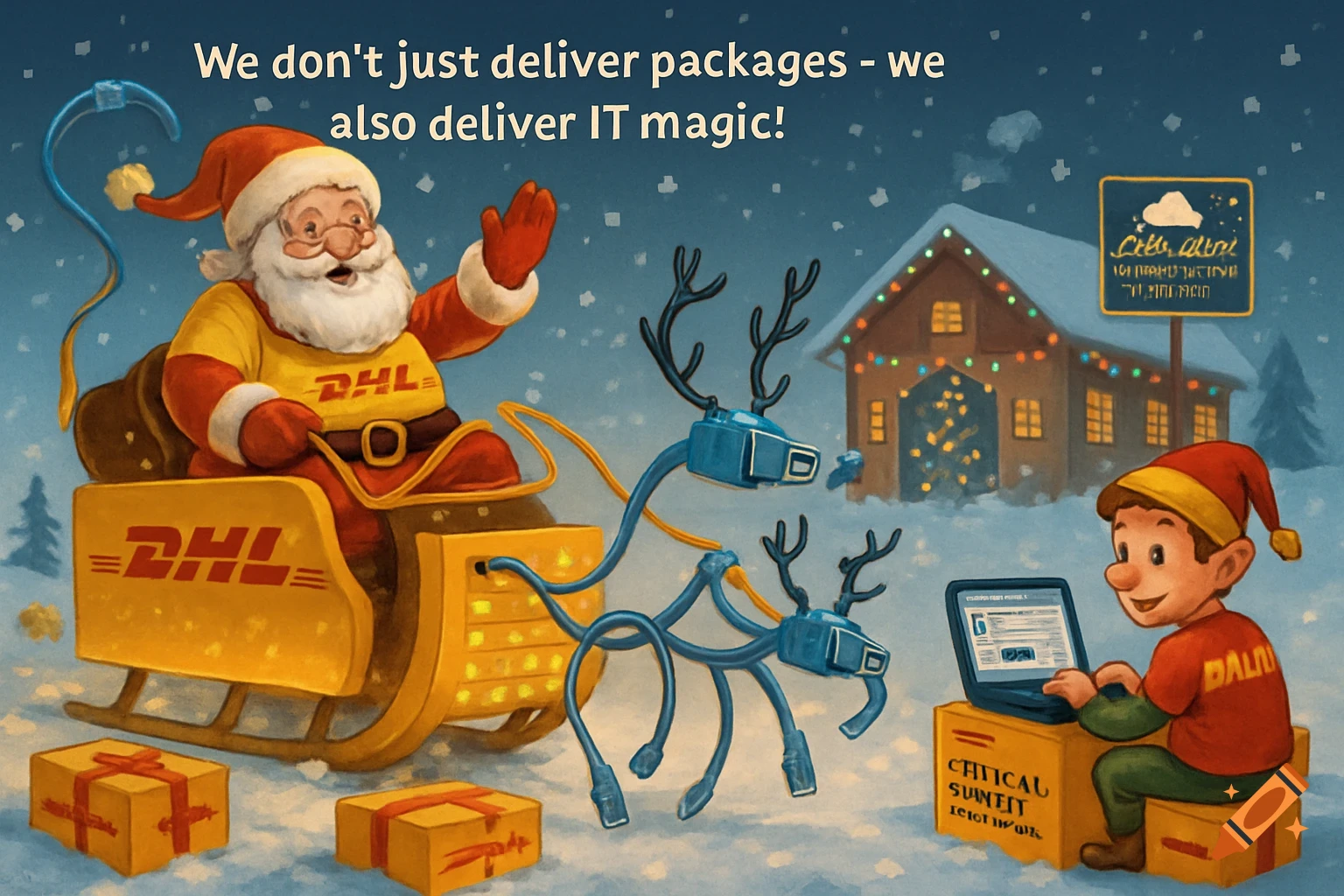 Santa in a DHL shirt on a sleigh pulled by LAN cable reindeer, delivering IT magic with an elf working on a laptop in a snowy landscape with a Christmas-decorated data center.
