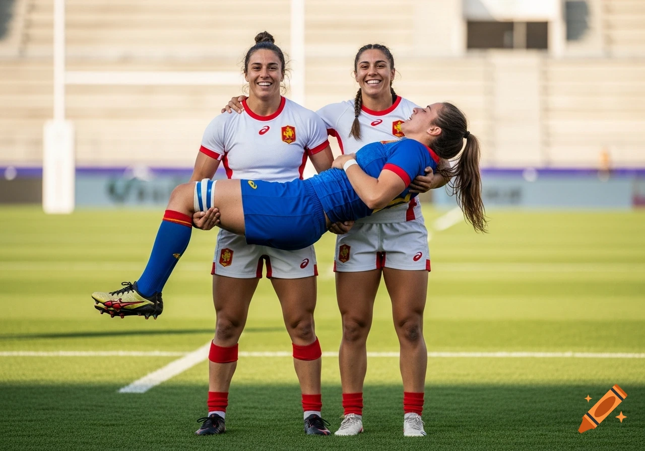 Two women rugby players in white jerseys happily carrying a third teammate in a blue uniform on a green field.