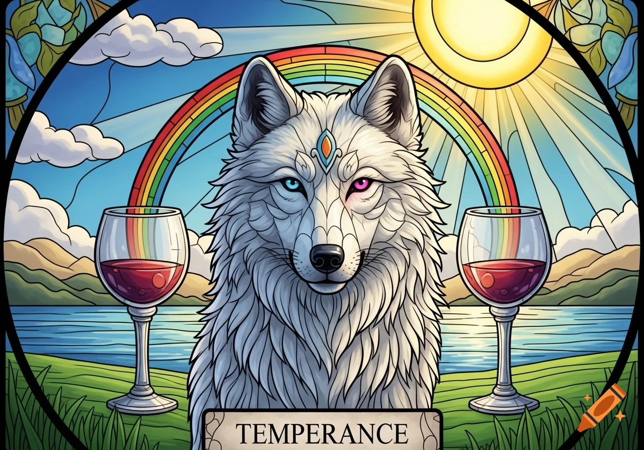 Stained glass style art of a white wolf with one blue and one pink eye, flanked by wine goblets, under a rainbow and sun. Text says 'TEMPERANCE'.
