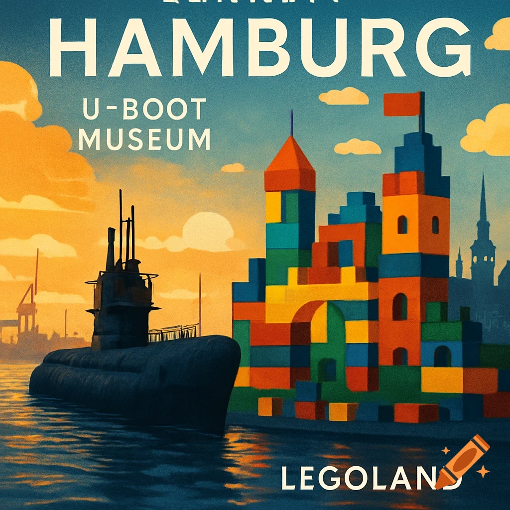 Stylized travel poster of Hamburg at sunset, with a submarine, a colorful Lego-like building, and 'HAMBURG U-BOOT MUSEUM LEGOLAND' text.