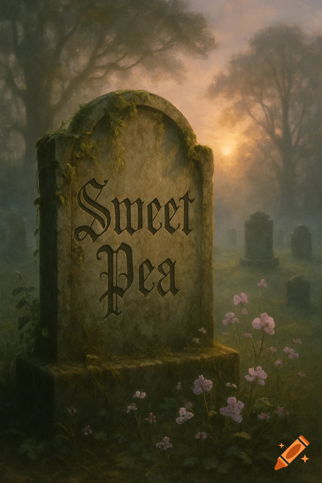 A moss-covered gravestone with 'Sweet Pea' carved into it stands in a misty graveyard at sunset, surrounded by pink flowers.