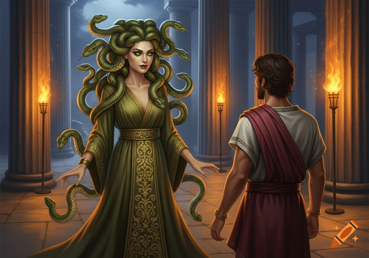 Medusa with green eyes and snake hair in a green gown smiles at a man in an ancient temple with torches, digital art.