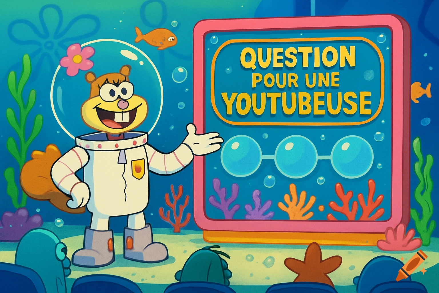 Sandy Cheeks from Spongebob SquarePants hosts a game show called 'Question for a Youtuber' underwater.