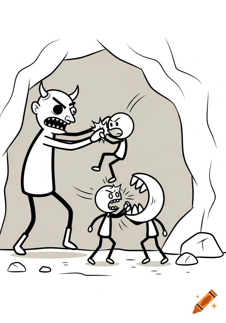 A black and white stickman cartoon shows a horned monster attacking two stick figures inside a cave.