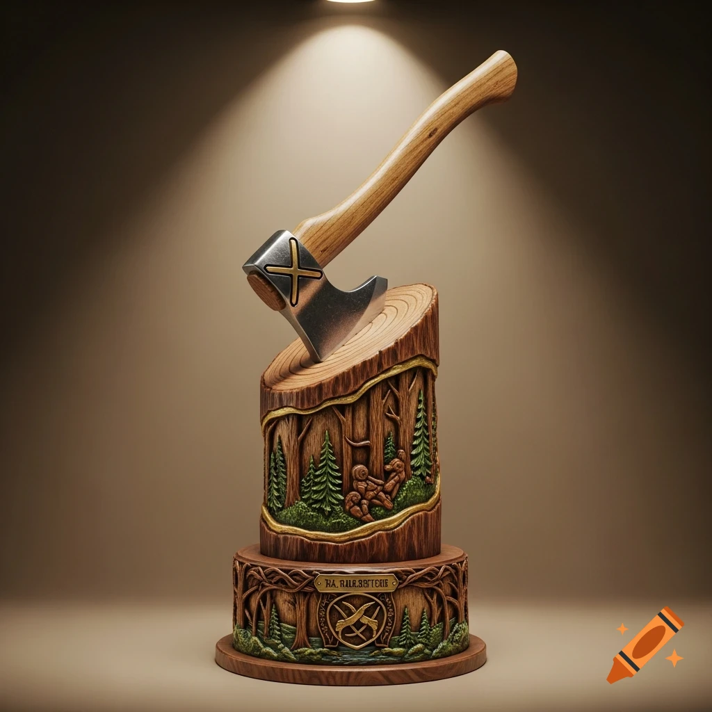 A photorealistic carved wooden trophy with an axe stuck into the top, featuring intricate forest scene carvings on its base.