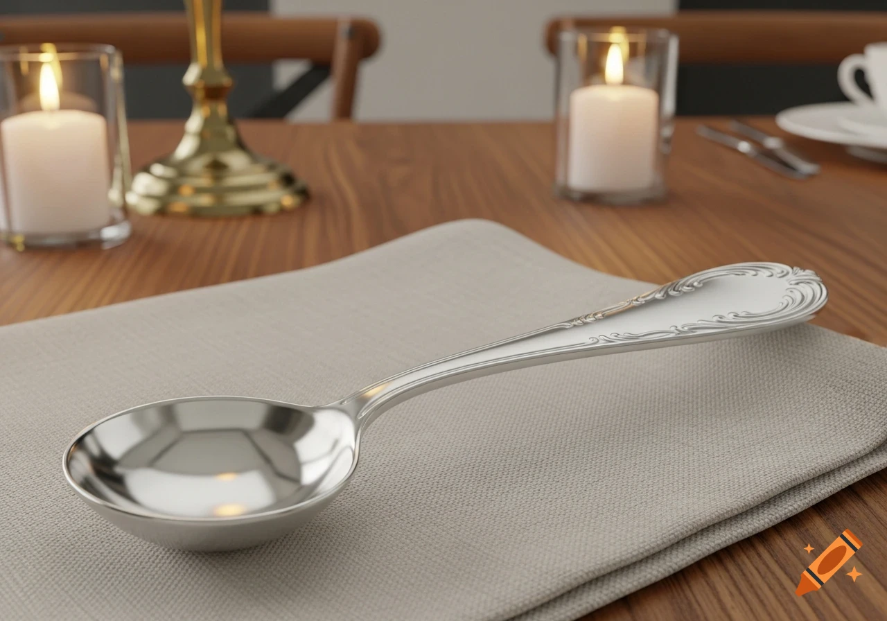 A shiny silver spoon with an ornate handle rests on a light grey napkin on a wooden table, with lit candles in the background.