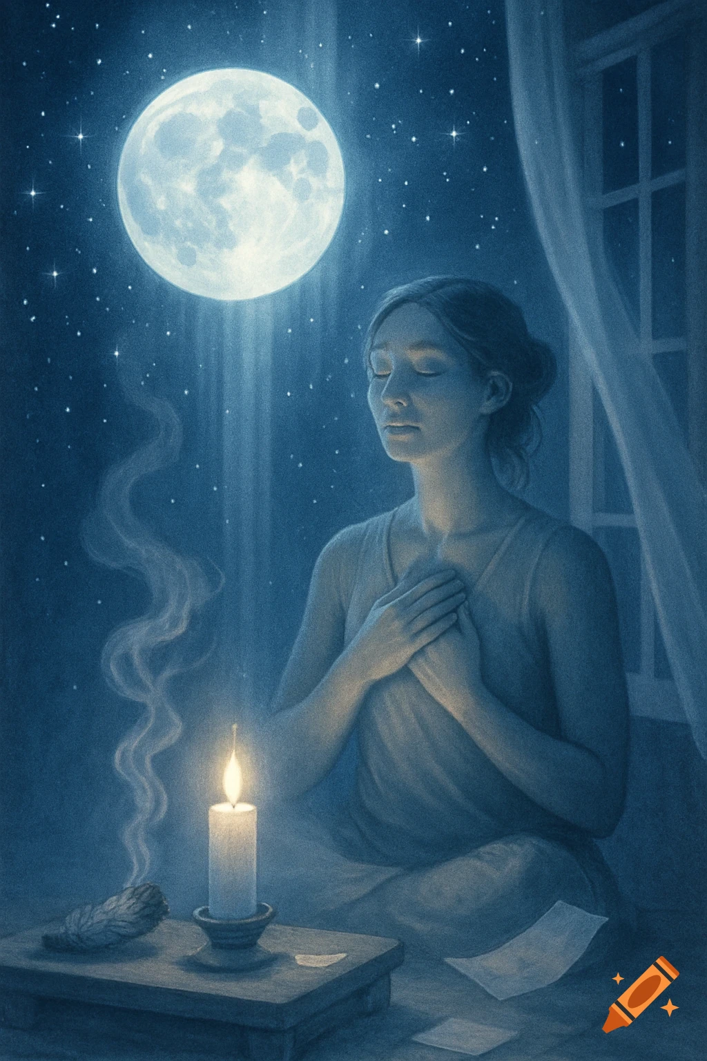A woman meditates by moonlight, hands on her chest, next to a lit candle and smoking sage. Stars visible through a window.