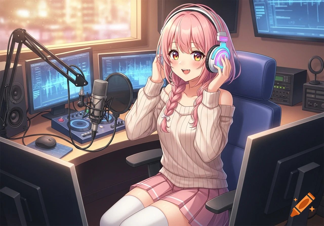 An anime girl with pink hair and headphones smiles in a cozy radio booth with monitors showing sound waves, holding a microphone.