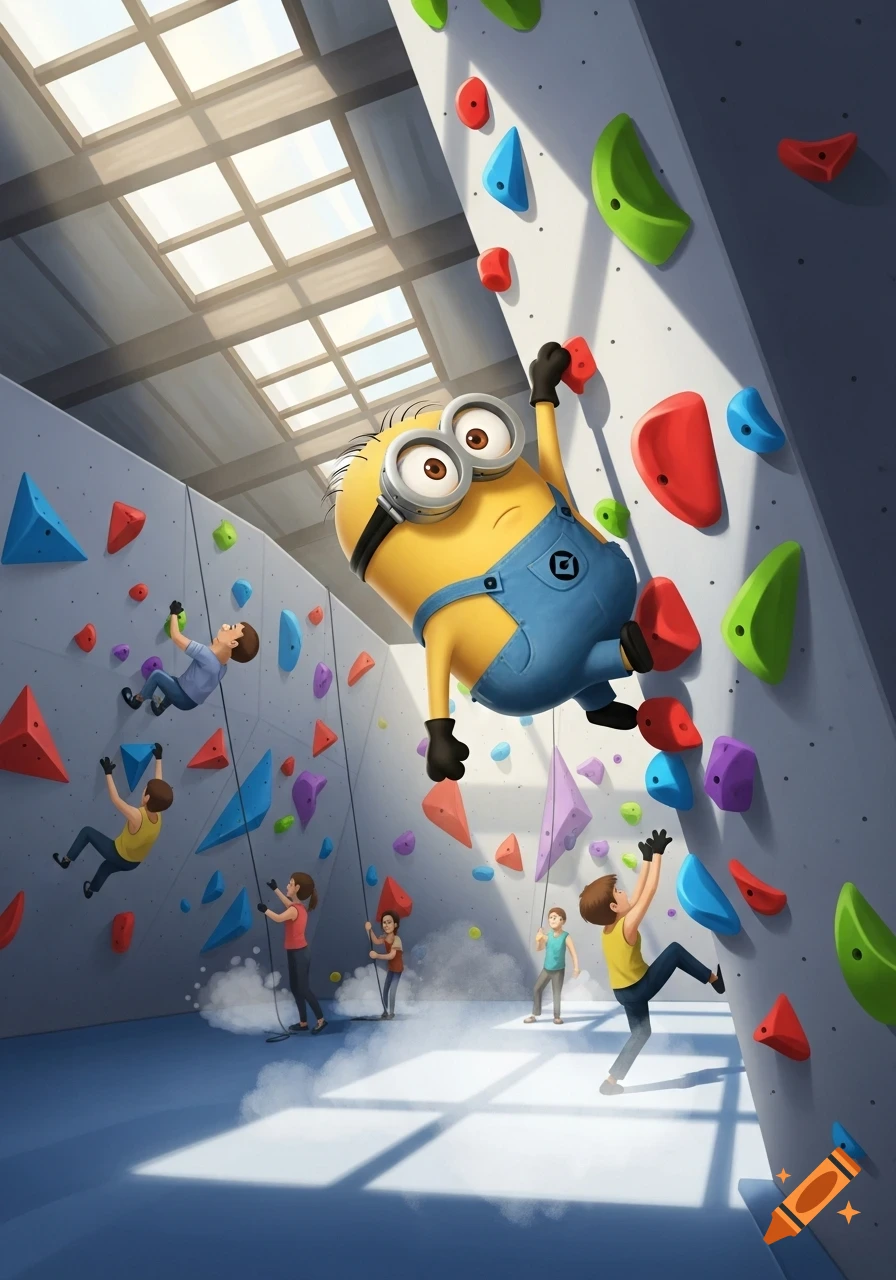 A large Minion in blue overalls rock climbing on a colorful wall with several human climbers in an indoor gym.