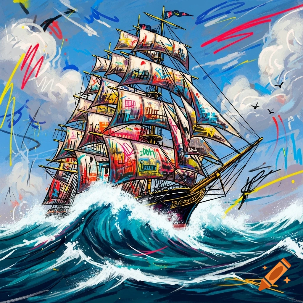A vibrant sailboat with graffiti-style sails battles large blue waves under a cloudy sky in a Basquiat-inspired art style.