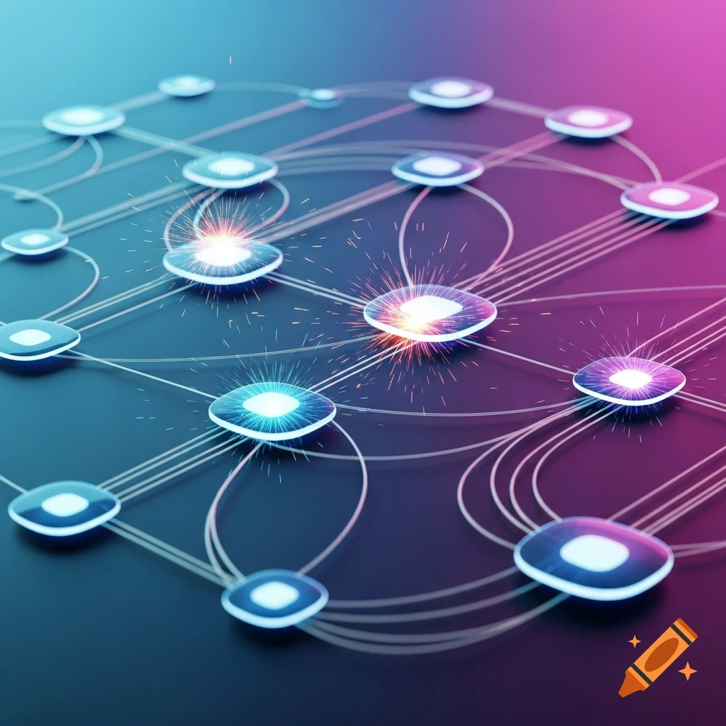 Abstract digital network with glowing nodes connected by lines, against a gradient blue and pink background.