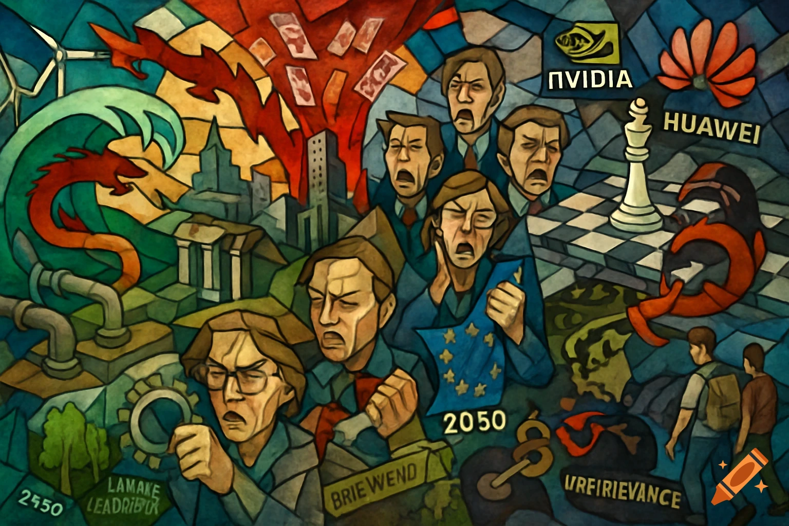 A cubist political illustration depicting a fragmented European continent with screaming politicians, dragons, collapsing buildings, wind turbines, and industrial pipes, with company logos and garbled text. The style is reminiscent of Picasso's Guernica.