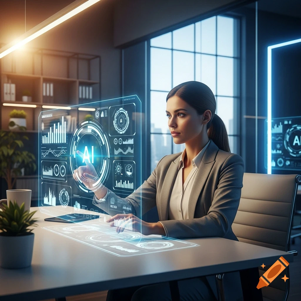 Photorealistic image of a woman interacting with a glowing holographic AI interface in a modern office.